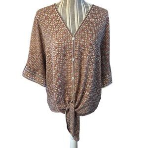 Max Studio Top XL Geometric Beige Orange White Blouse Flowy front Ties Buttons